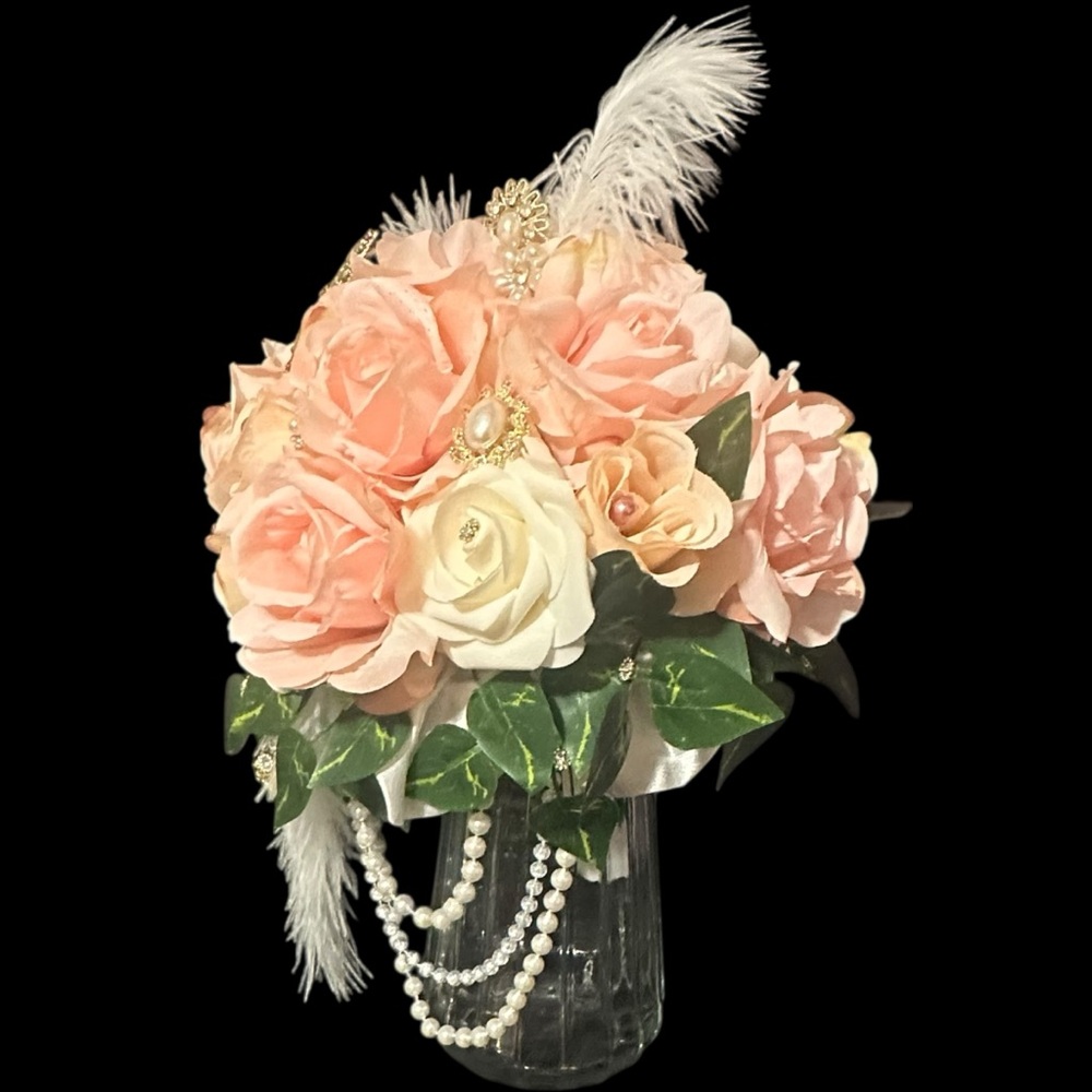 Bridal Wedding Bouquet Flowers Pink Cream Roses Feathers Pearls Brooch Bride NEW
